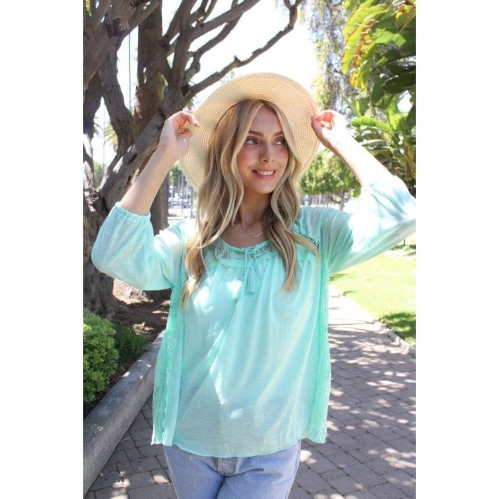 Womens Mint Green Crochet Lace Boho Top With Tassel Tie LG 7/9